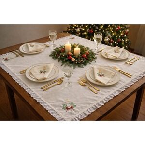 Vintage Candlewick Tablecloth w Eyelet Lace & 5 Placemats/Napkins Holiday Candle